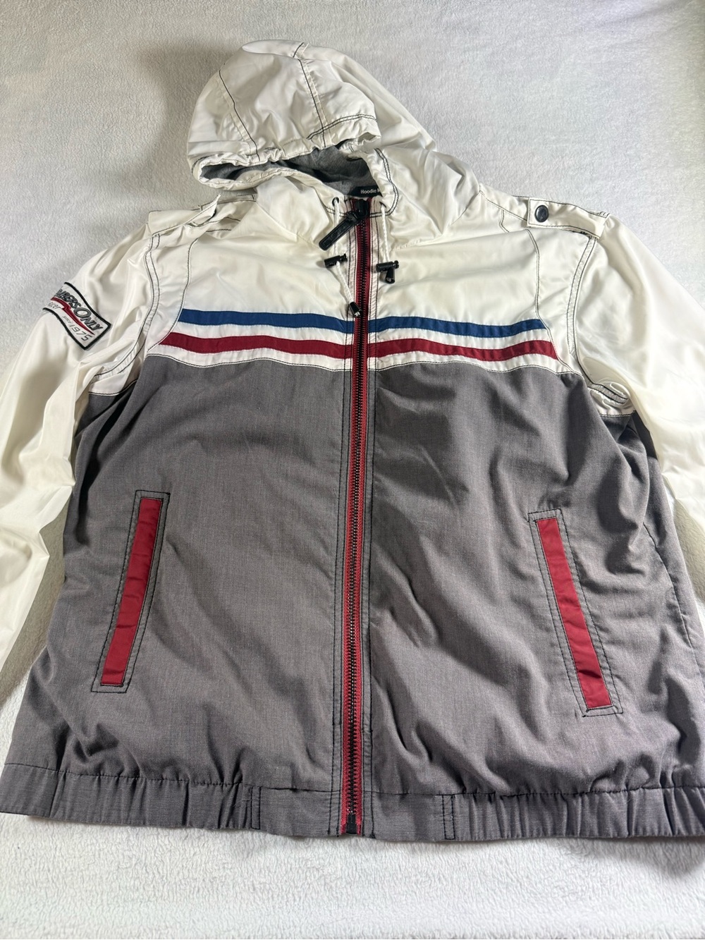 Members Only Hooded Colorblock Bomber Jacket in Gray, White, Red & Blue